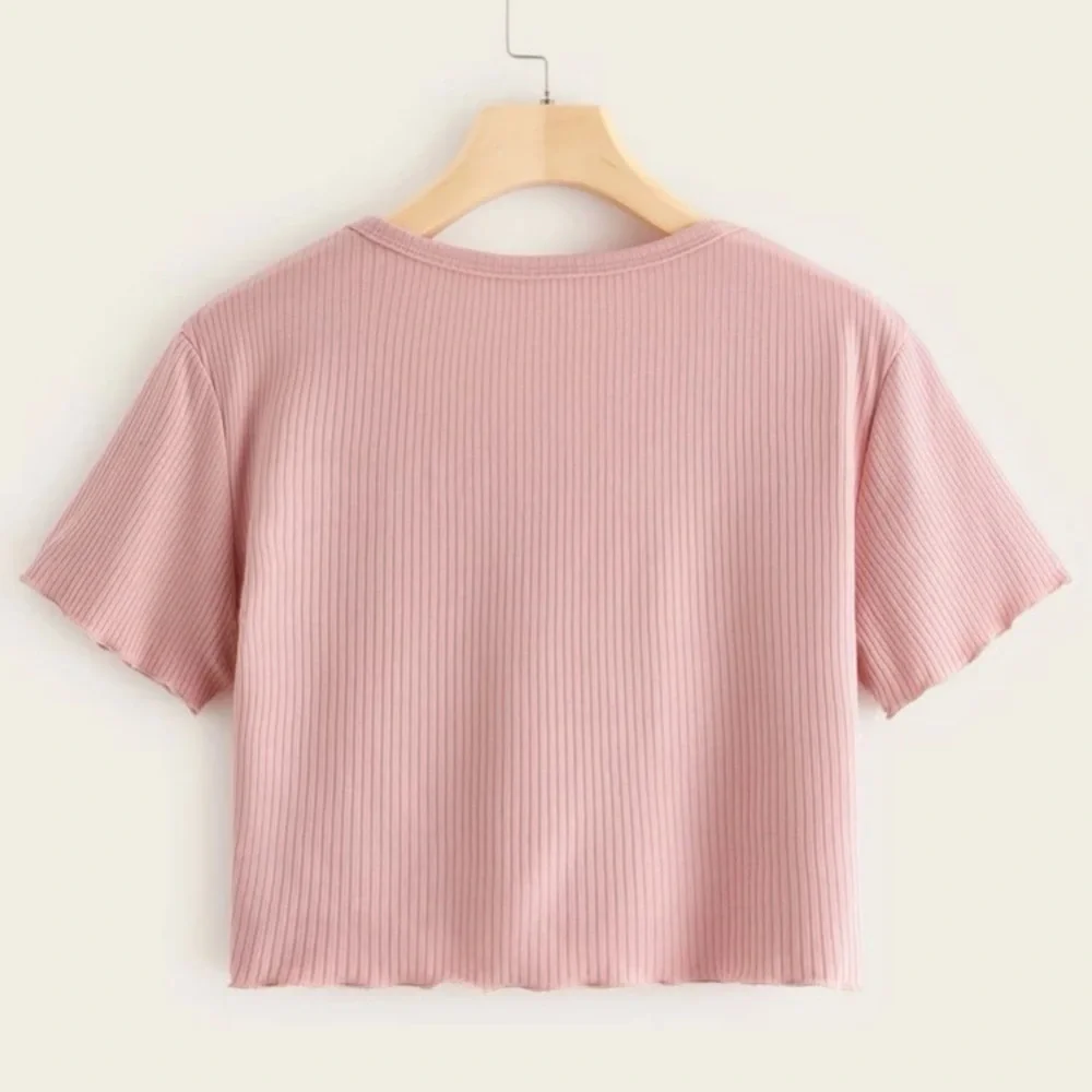 ROMWE Pink Ribbed Button Down Crop Top - Picture 7 of 9